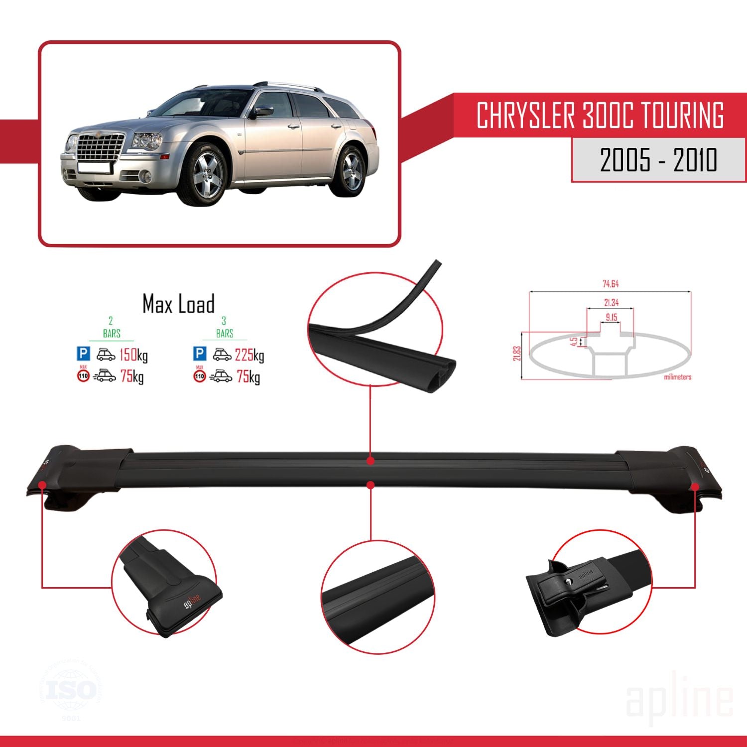 Compatible avec Chrysler 300C Touring 2005-2010 FLY Model Barres de Toit Railing Porte-Bagages de Voiture Noir Aluminium 2 Barres