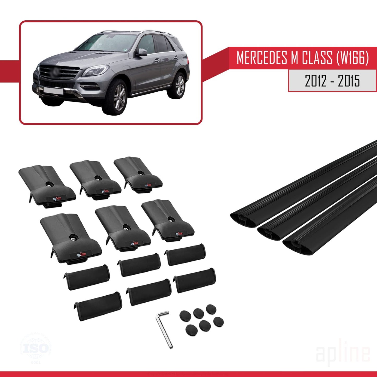 Compatible avec Mercedes M Class 3 (W166) Pre-Facelift 2012-2015 FLY Model Barres de Toit Railing Porte-Bagages de Voiture Noir Aluminium 3 Barres