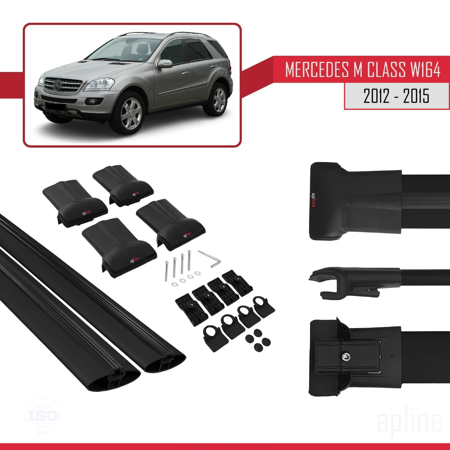 Compatible avec Mercedes Classe M 3 (W166) Pre-Facelift 2012-2015 FLY Model Barres de Toit Railing Porte-Bagages de Voiture Noir Aluminium 2 Barres