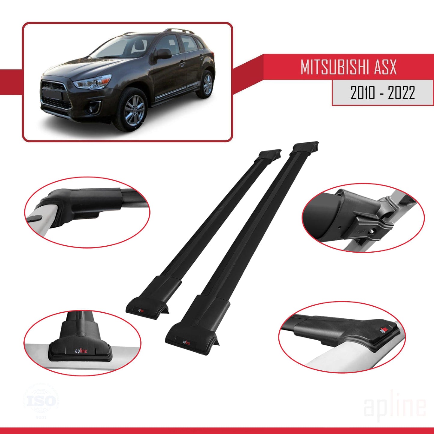 Compatible avec Mitsubishi ASX (GA) 2010-2022 FLY Model Barres de Toit Railing Porte-Bagages de Voiture Noir Aluminium 2 Barres