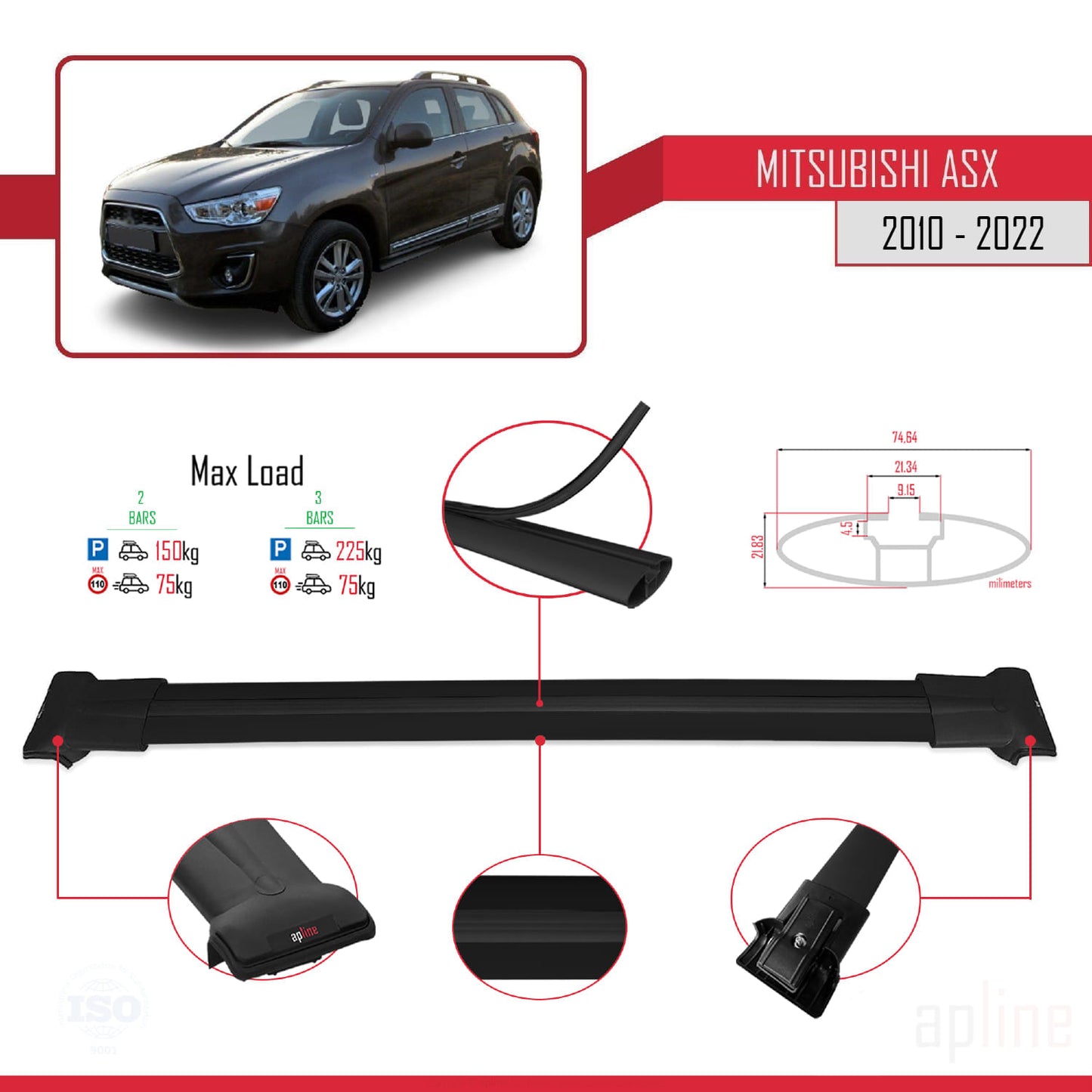 Compatible avec Mitsubishi ASX (GA) 2010-2022 FLY Model Barres de Toit Railing Porte-Bagages de Voiture Noir Aluminium 2 Barres
