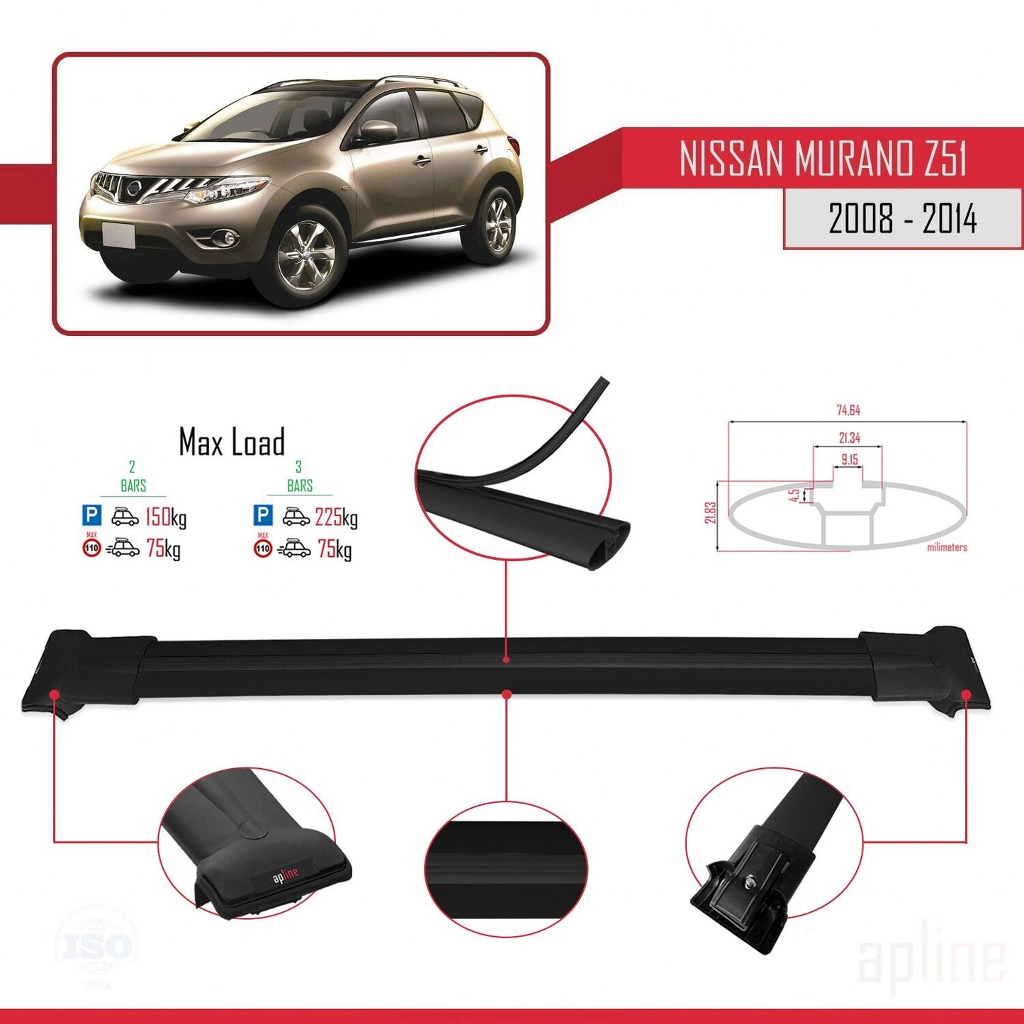Compatible with Nissan Murano 2 (Z51) 2008-2014 FLY Model Car Roof Rack Cross Bar Black Aluminium 2 Bars
