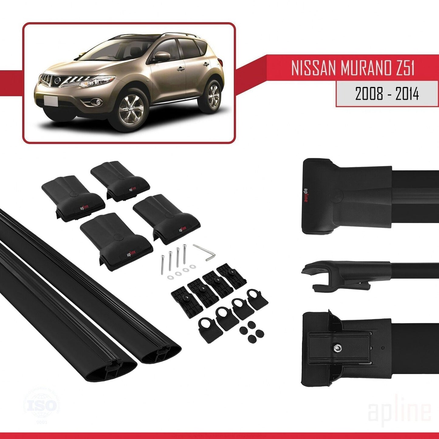 Compatible with Nissan Murano 2 (Z51) 2008-2014 FLY Model Car Roof Rack Cross Bar Black Aluminium 2 Bars