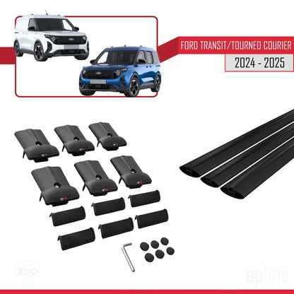 Compatible avec Ford Transit/Tourneo Courier 2024-2025 FLY Model Barres de Toit Railing Porte-Bagages de Voiture Noir Aluminium 3 Barres