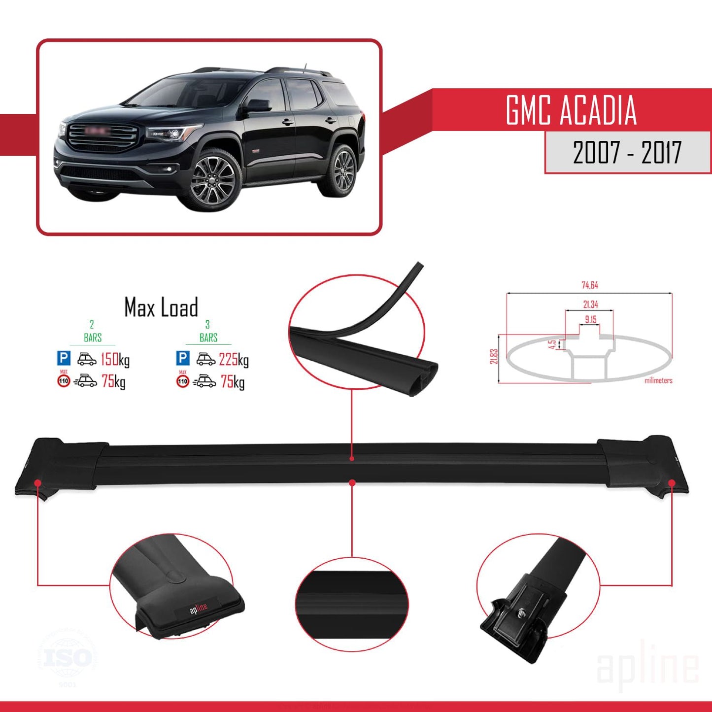 Compatible avec GMC Acadia 2007-2017 FLY Model Barres de Toit Railing Porte-Bagages de Voiture Noir Aluminium 2 Barres
