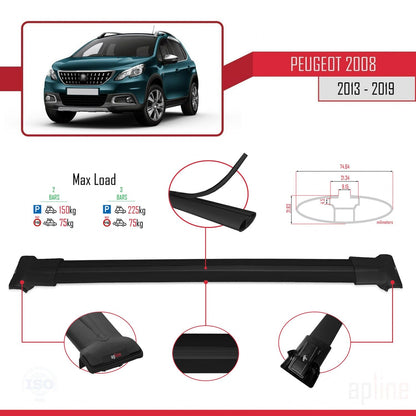 Compatible avec Peugeot 2008 (A94) 2013-2019 FLY Model Barres de Toit Railing Porte-Bagages de Voiture Noir Aluminium 2 Barres