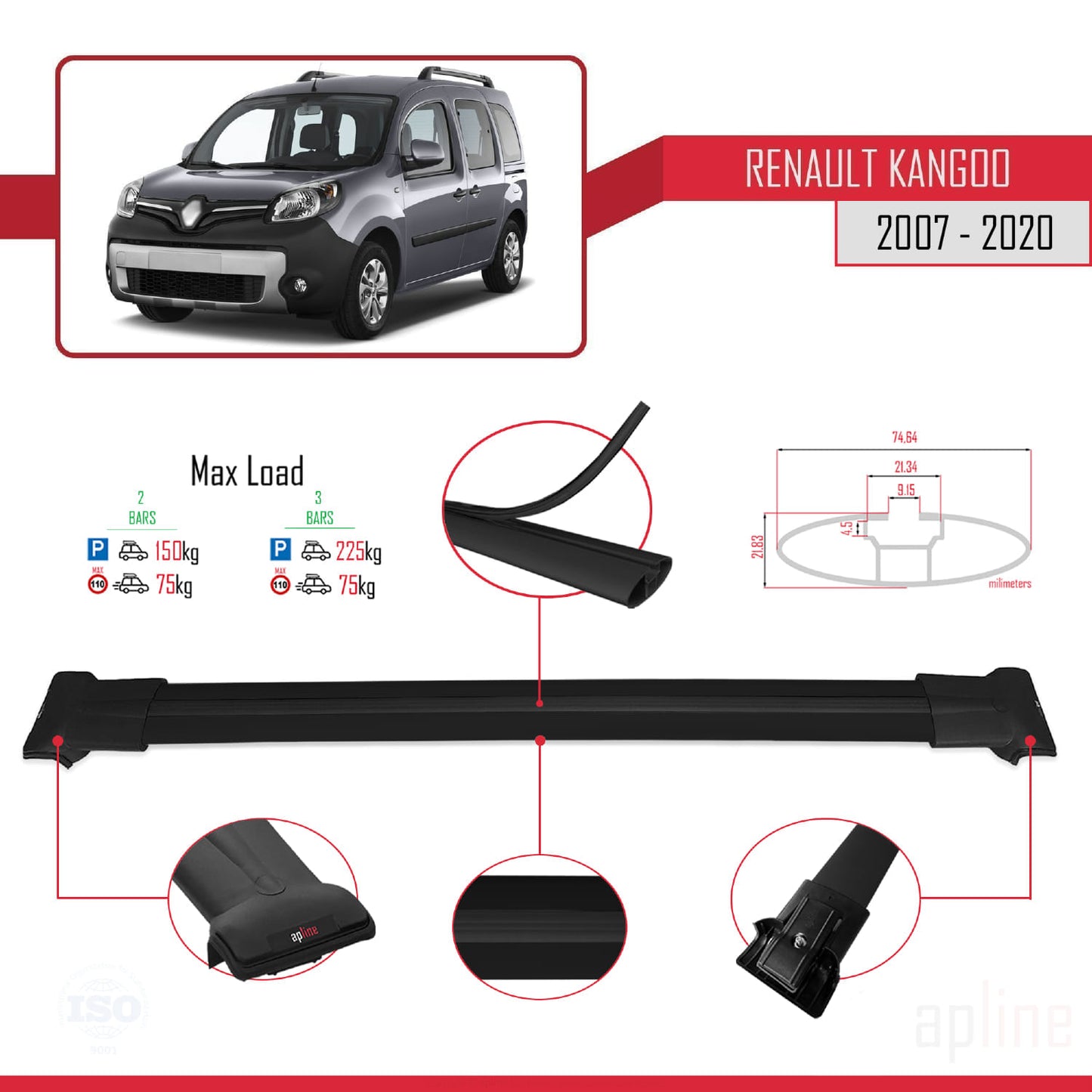 Compatible avec Renault Kangoo 2 (X61) 2007-2020 FLY Model Barres de Toit Railing Porte-Bagages de Voiture Noir Aluminium 2 Barres