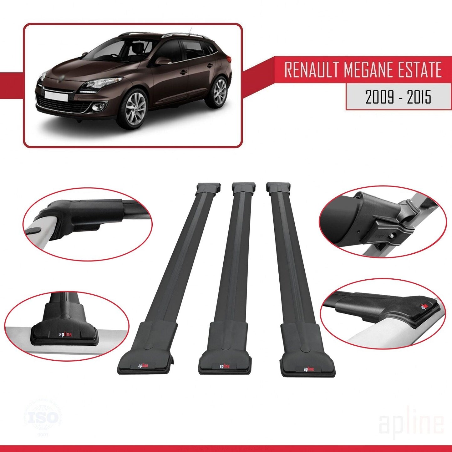Compatible avec Renault Megane 3 ST 2009-2015 FLY Model Barres de Toit Railing Porte-Bagages de Voiture Noir Aluminium 3 Barres