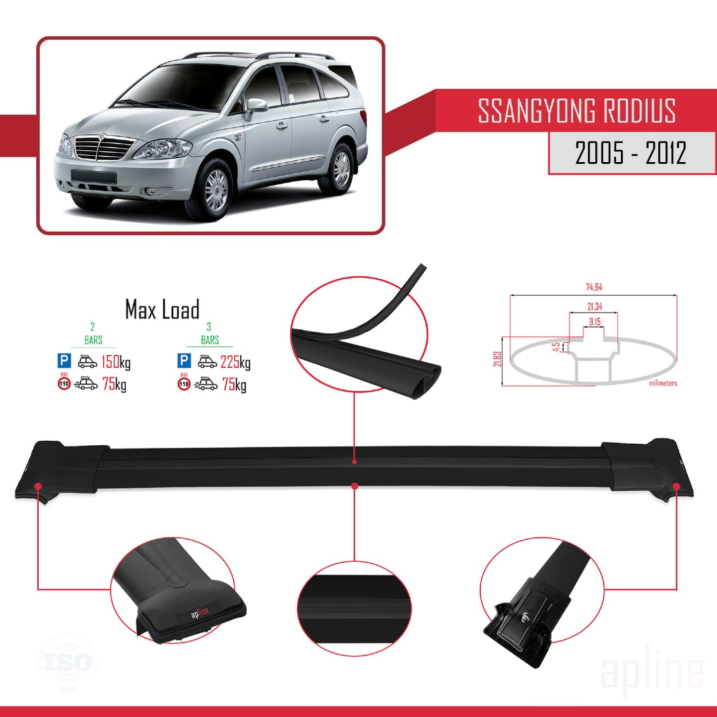 Compatible avec Ssangyong Rodius 2005-2012 FLY Model Barres de Toit Railing Porte-Bagages de Voiture Noir Aluminium 2 Barres