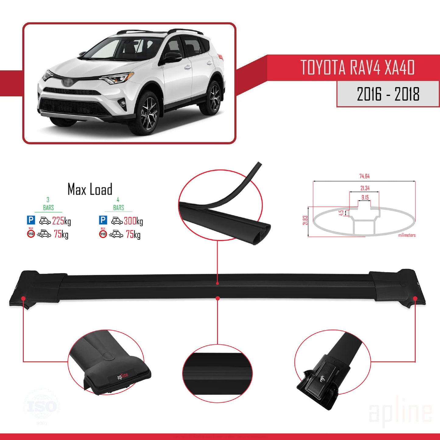 Compatible avec Toyota RAV4 IV (XA40) Post-Facelift 2016-2018 FLY Model Barres de Toit Railing Porte-Bagages de Voiture Noir Aluminium 3 Barres