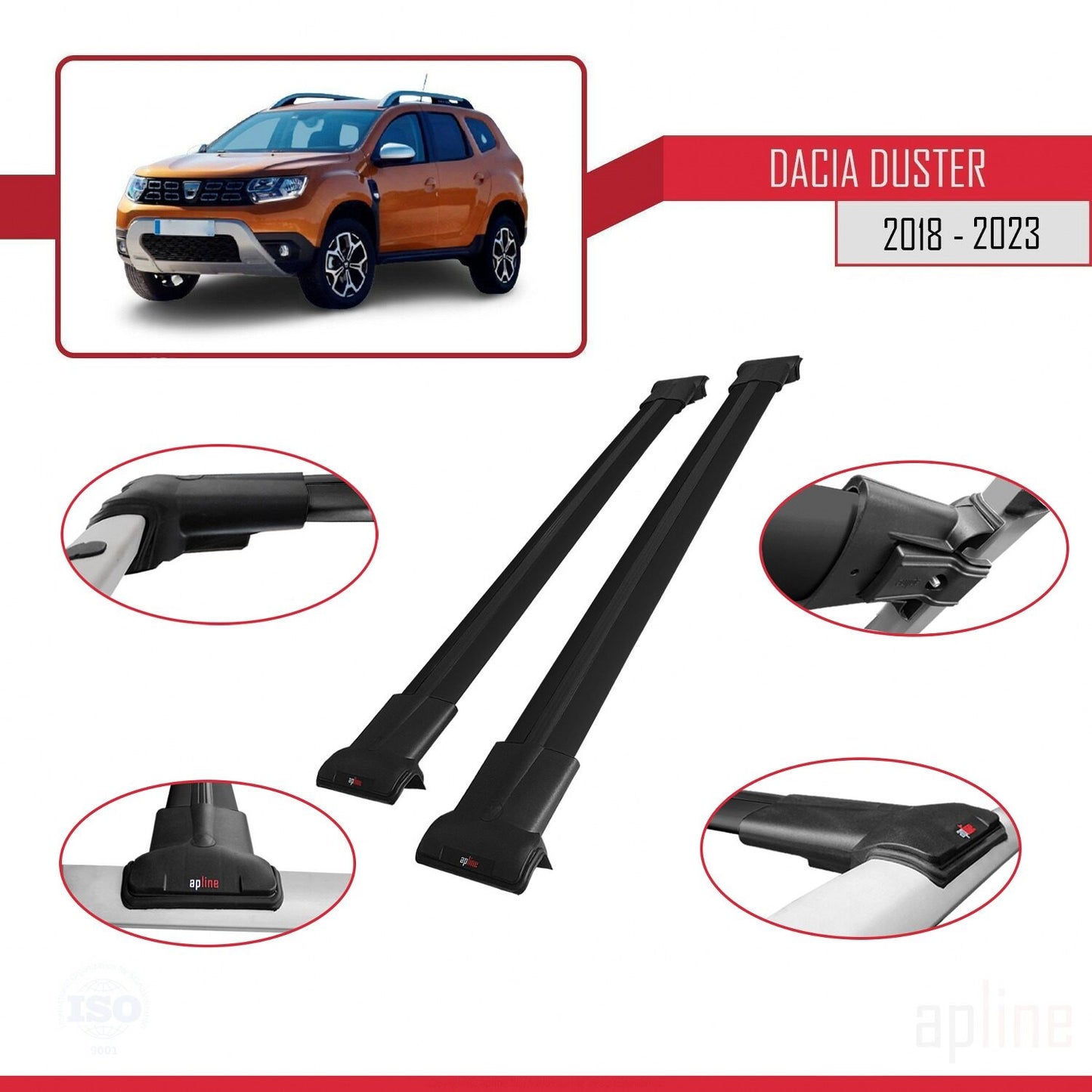 Compatible avec Dacia Duster 2 (HM) 2018-2024 FLY Model Barres de Toit Railing Porte-Bagages de Voiture Noir Aluminium 2 Barres
