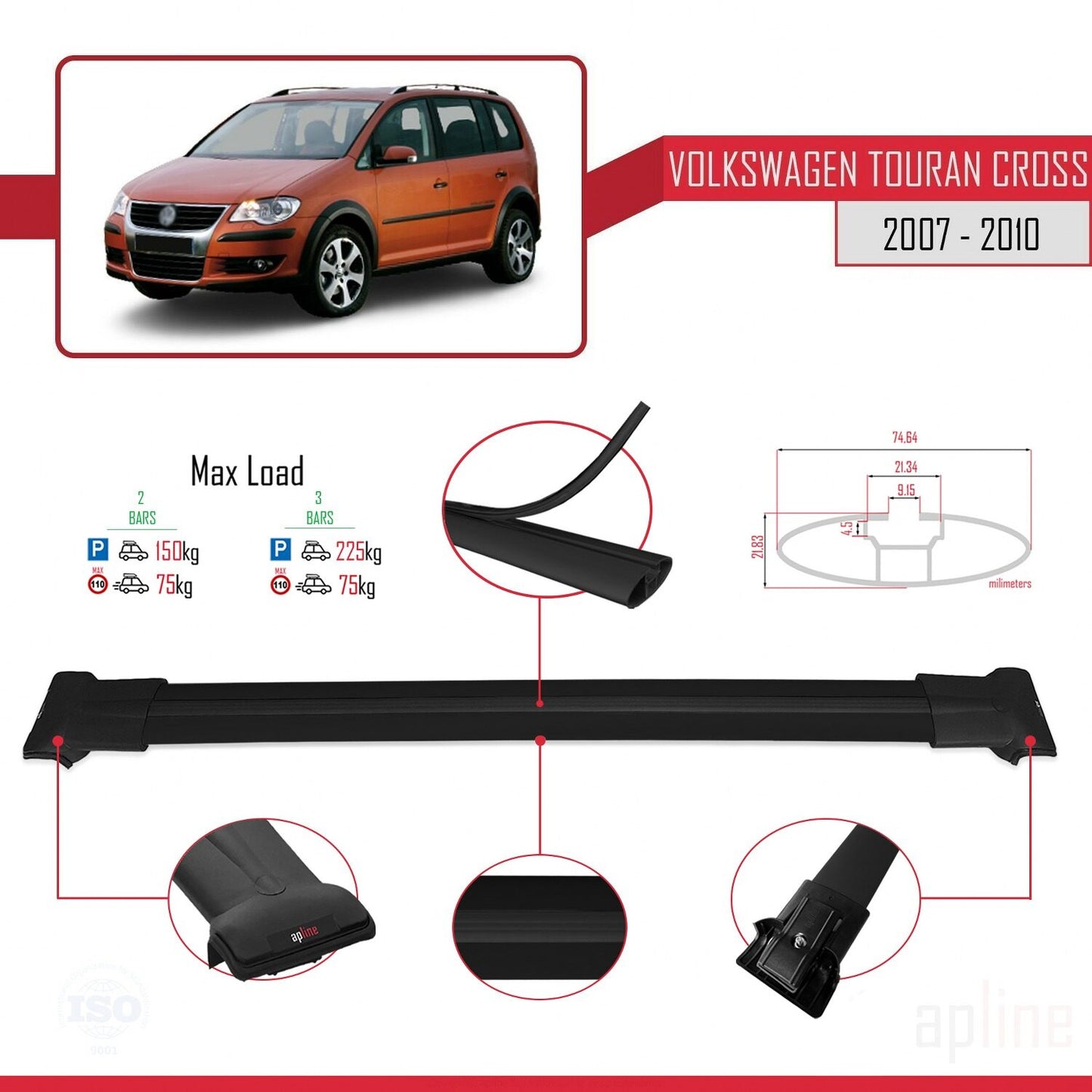 Compatible avec Volkswagen Touran Cross Pre-Facelift 2007-2010 FLY Model Barres de Toit Railing Porte-Bagages de Voiture Noir Aluminium 2 Barres