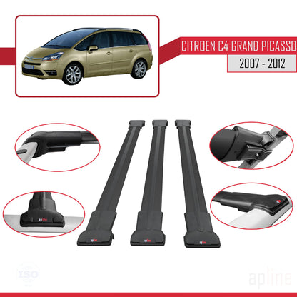 Compatible avec Citroen Grand C4 Picasso 2007-2012 FLY Model Barres de Toit Railing Porte-Bagages de Voiture Noir Aluminium 3 Barres