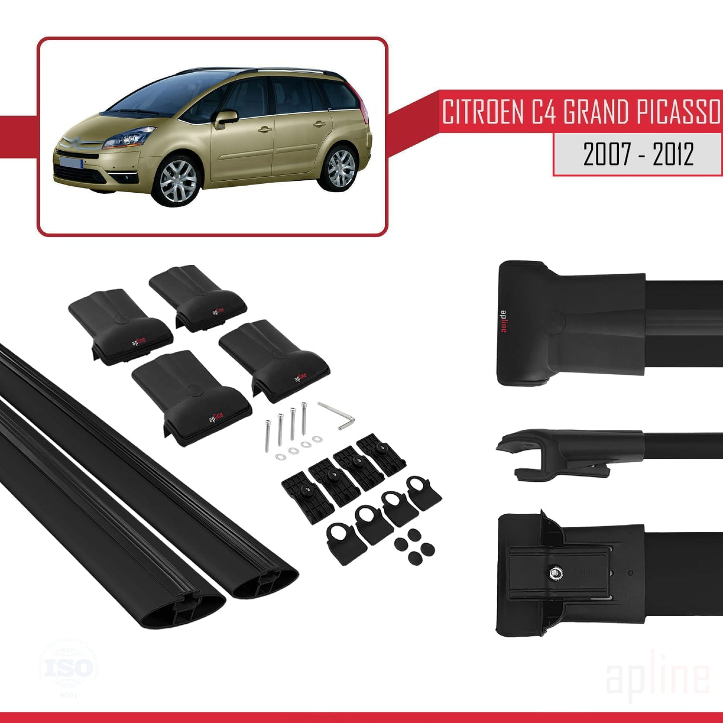 Compatible avec Citroen Grand C4 Picasso 2007-2012 FLY Model Barres de Toit Railing Porte-Bagages de Voiture Noir Aluminium 2 Barres