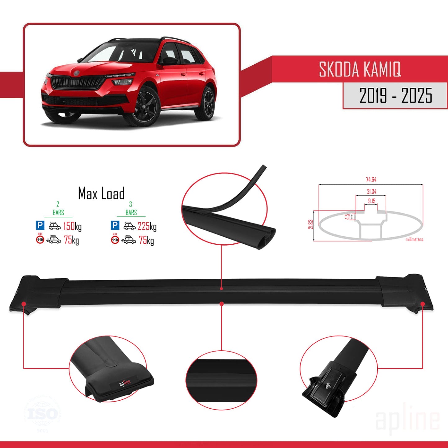 Compatible avec Skoda Kamiq 2019-2025 FLY Model Barres de Toit Railing Porte-Bagages de Voiture Noir Aluminium 2 Barres