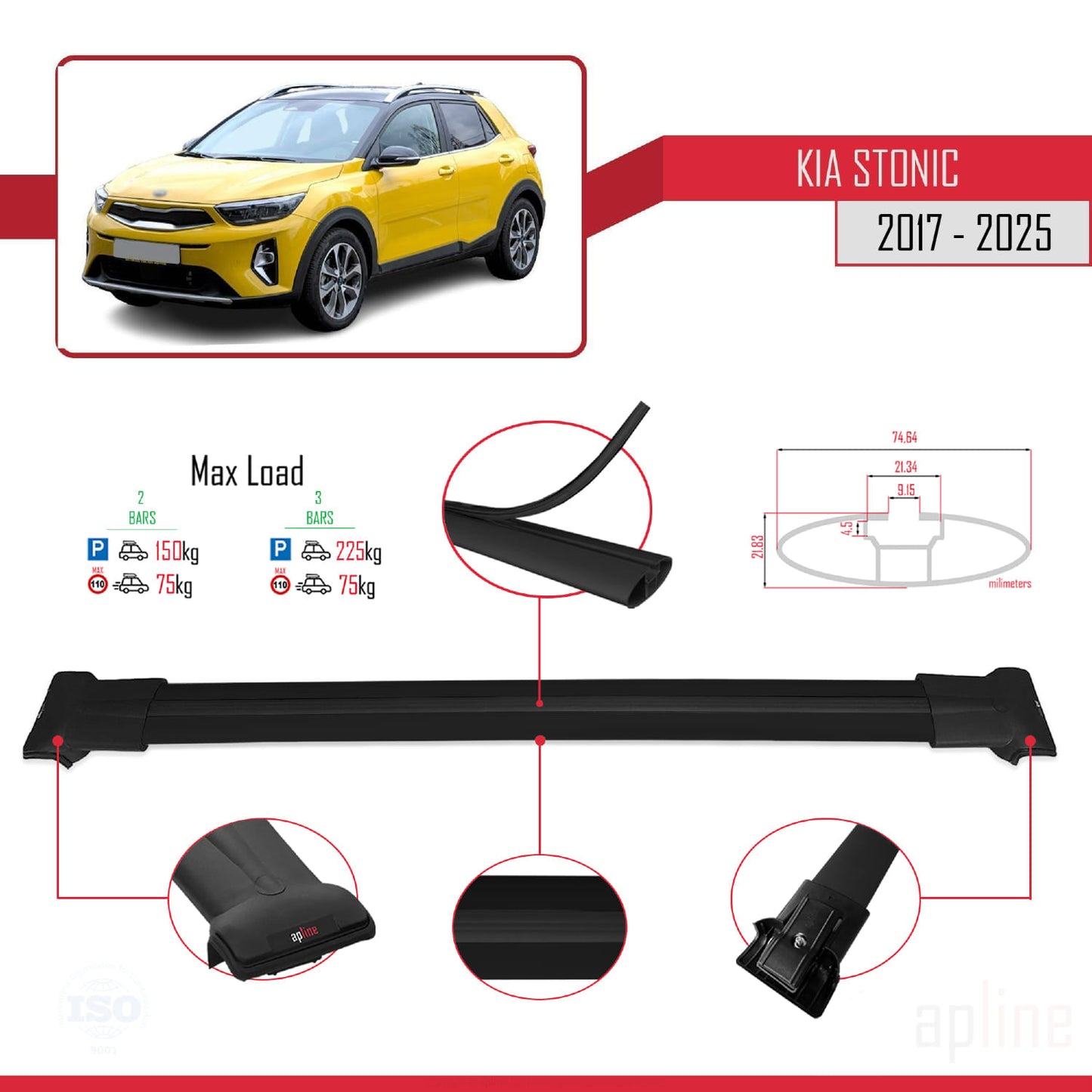 Compatible avec Kia Stonic 2017-2025 FLY Model Barres de Toit Railing Porte-Bagages de Voiture Noir Aluminium 2 Barres