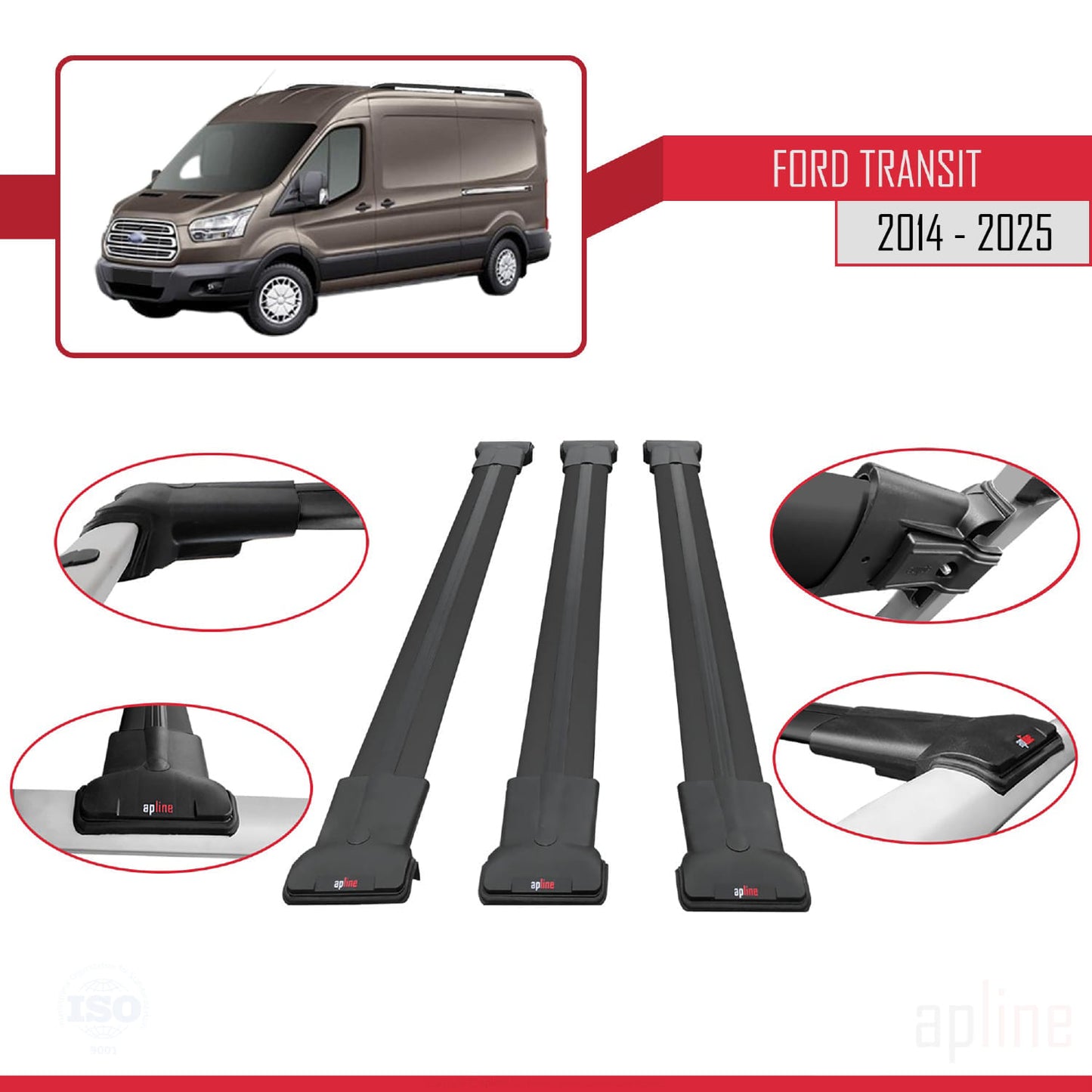 Compatible avec Ford Transit 2014-2025 FLY Model Barres de Toit Railing Porte-Bagages de Voiture Noir Aluminium 3 Barres