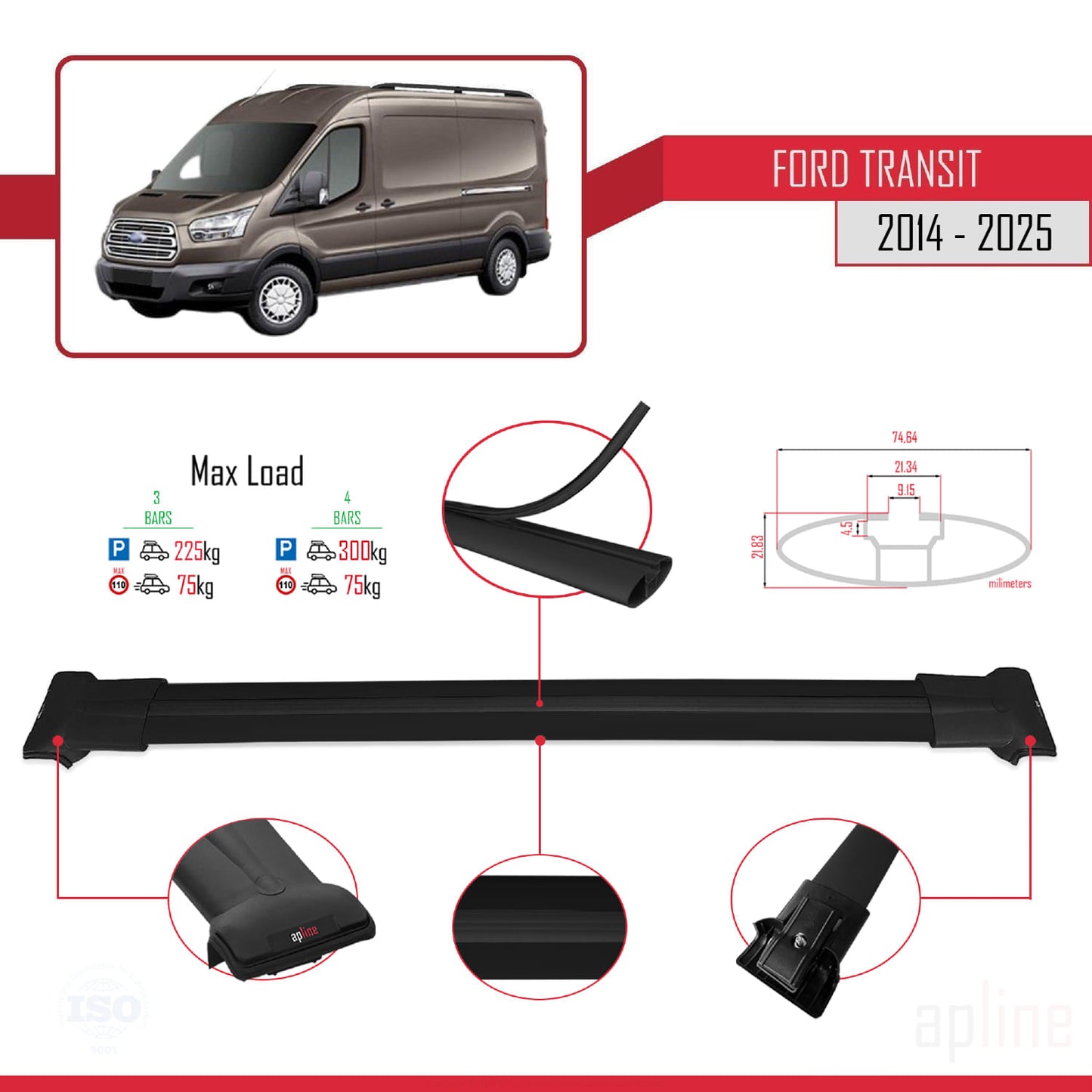 Compatible avec Ford Transit 2014-2025 FLY Model Barres de Toit Railing Porte-Bagages de Voiture Noir Aluminium 4 Barres