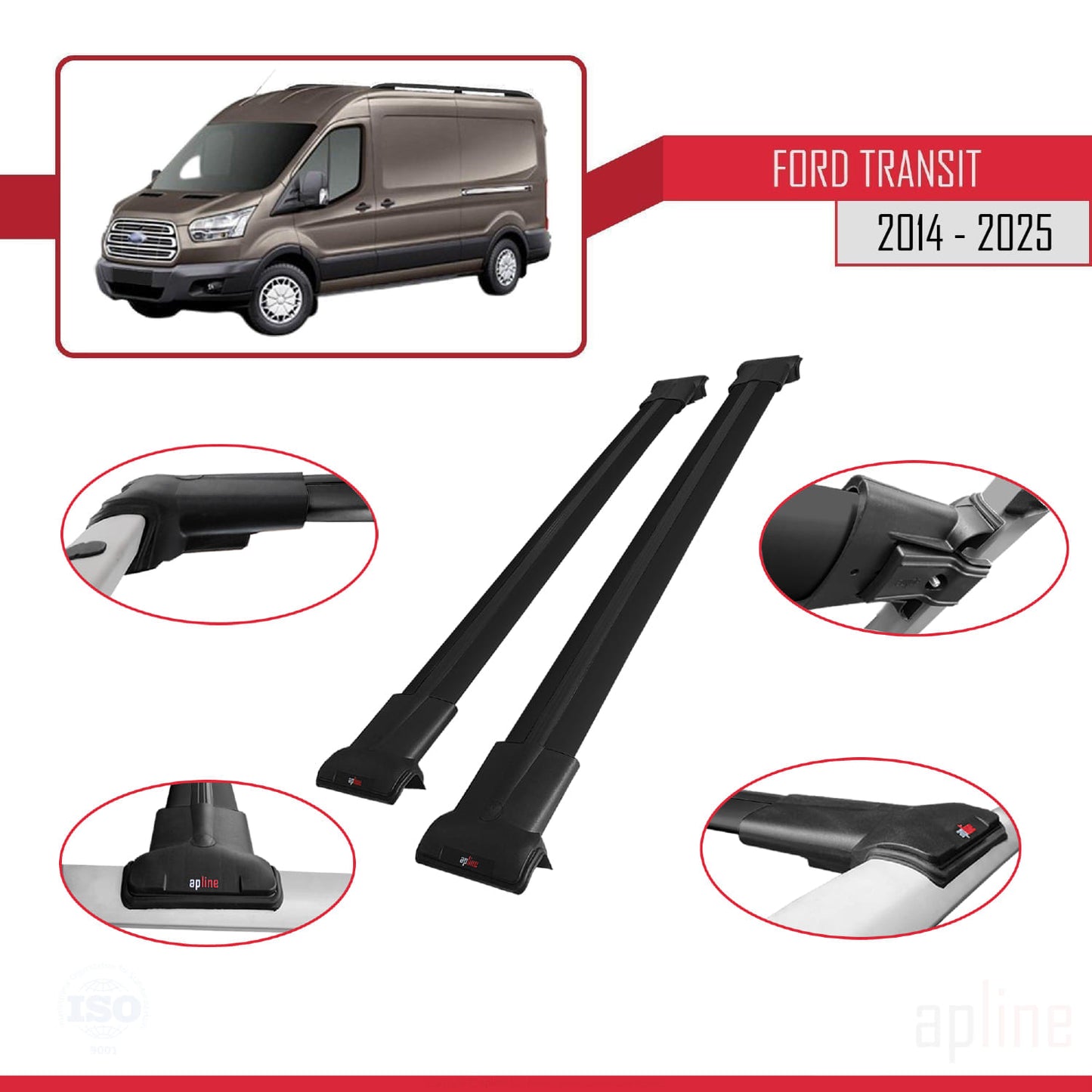 Compatible avec Ford Transit 2014-2025 FLY Model Barres de Toit Railing Porte-Bagages de Voiture Noir Aluminium 2 Barres