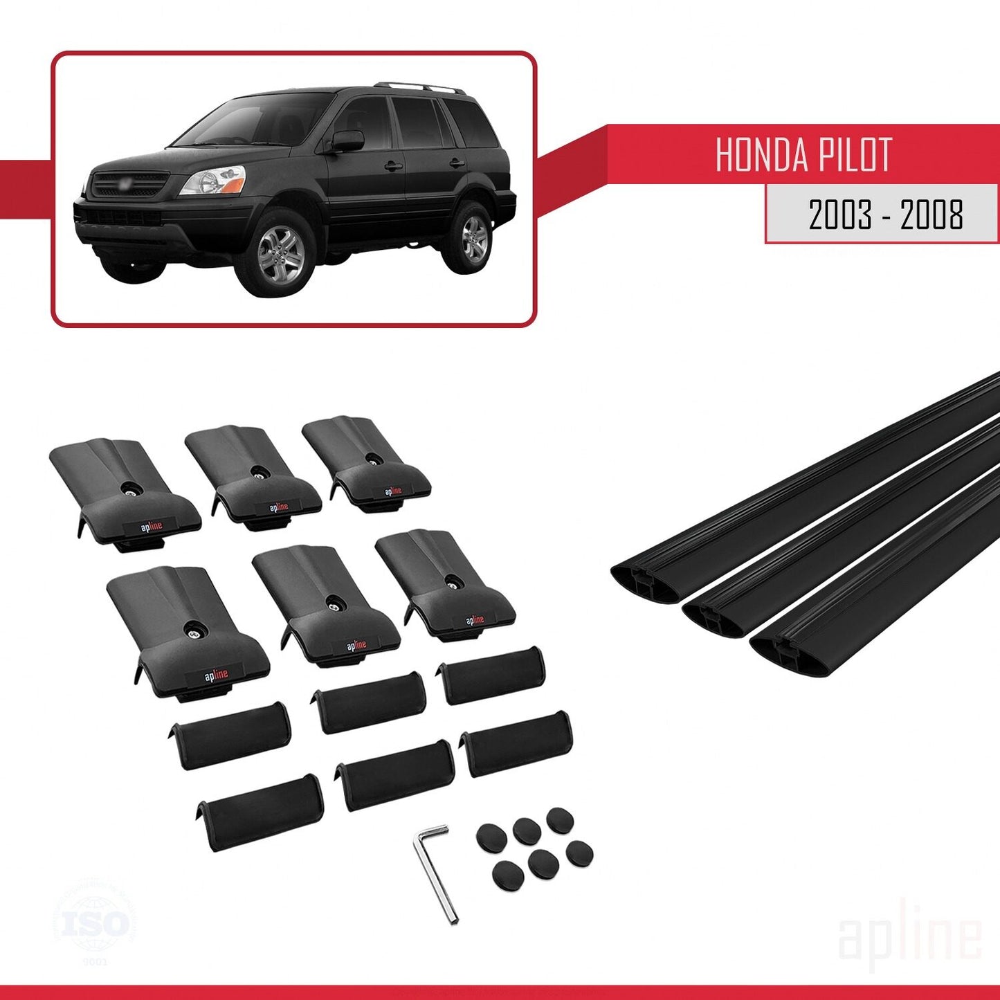 Compatible avec Honda Pilot 2003-2008 FLY Model Barres de Toit Railing Porte-Bagages de Voiture Noir Aluminium 3 Barres