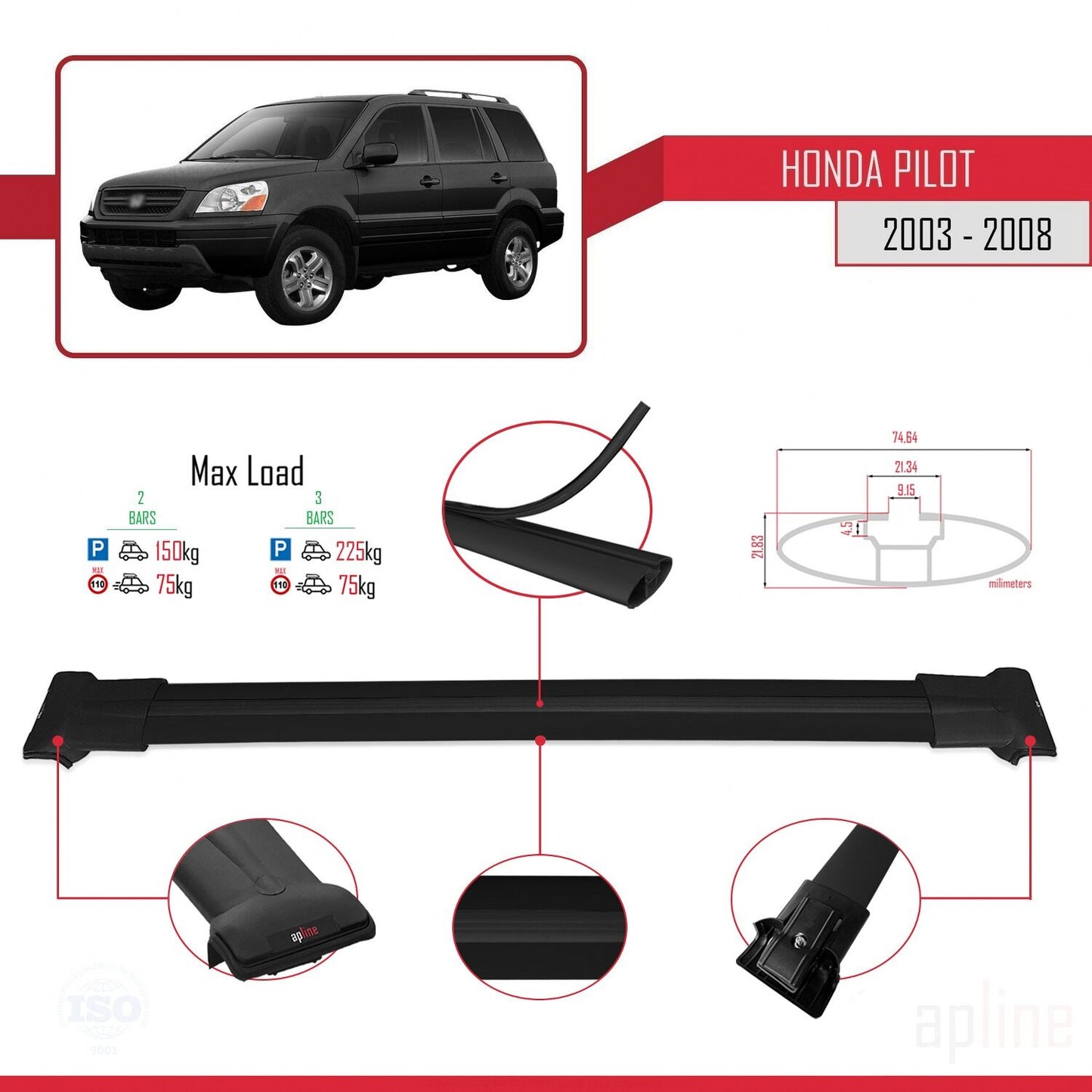 Compatible avec Honda Pilot 2003-2008 FLY Model Barres de Toit Railing Porte-Bagages de Voiture Noir Aluminium 2 Barres