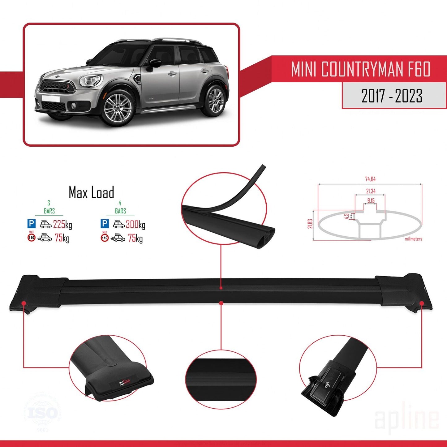 Compatible avec Mini Countryman 2 (F60) 2017-2023 FLY Model Barres de Toit Railing Porte-Bagages de Voiture Noir Aluminium 3 Barres