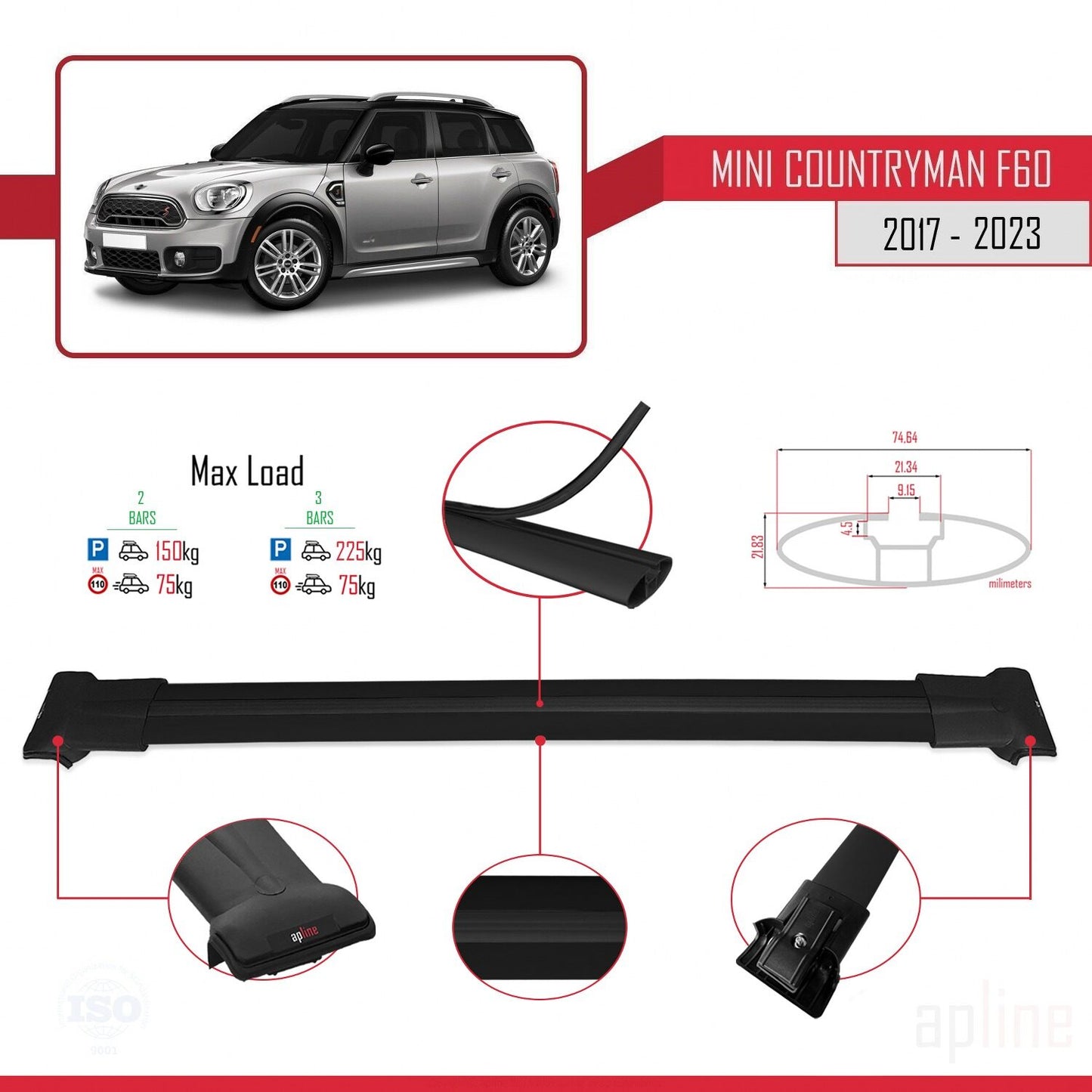 Compatible avec Mini Countryman 2 (F60) 2017-2023 FLY Model Barres de Toit Railing Porte-Bagages de Voiture Noir Aluminium 2 Barres