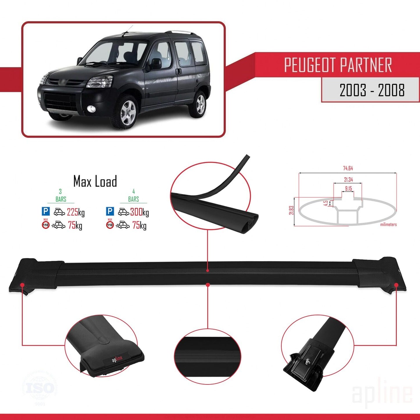 Compatible avec Peugeot Partner Post-Facelift 2003-2008 FLY Model Barres de Toit Railing Porte-Bagages de Voiture Noir Aluminium 4 Barres