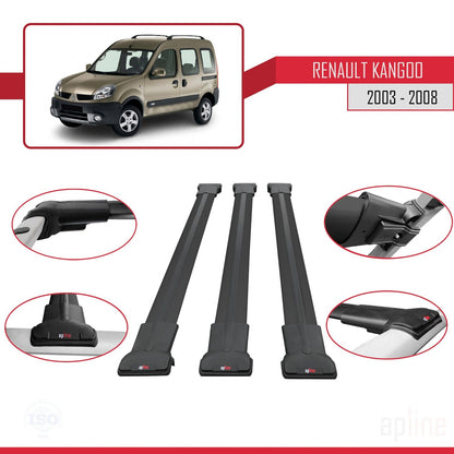 Compatible avec Renault Kangoo (X76) Post-Facelift 2003-2008 FLY Model Barres de Toit Railing Porte-Bagages de Voiture Noir Aluminium 3 Barres