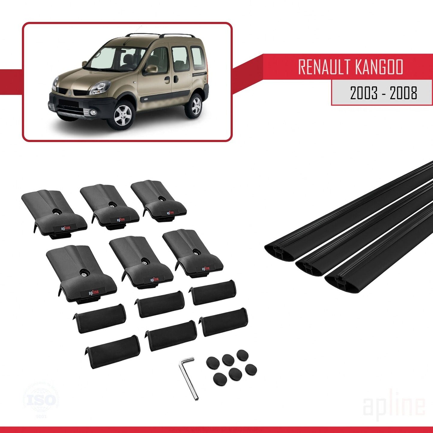 Compatible avec Renault Kangoo (X76) Post-Facelift 2003-2008 FLY Model Barres de Toit Railing Porte-Bagages de Voiture Noir Aluminium 3 Barres