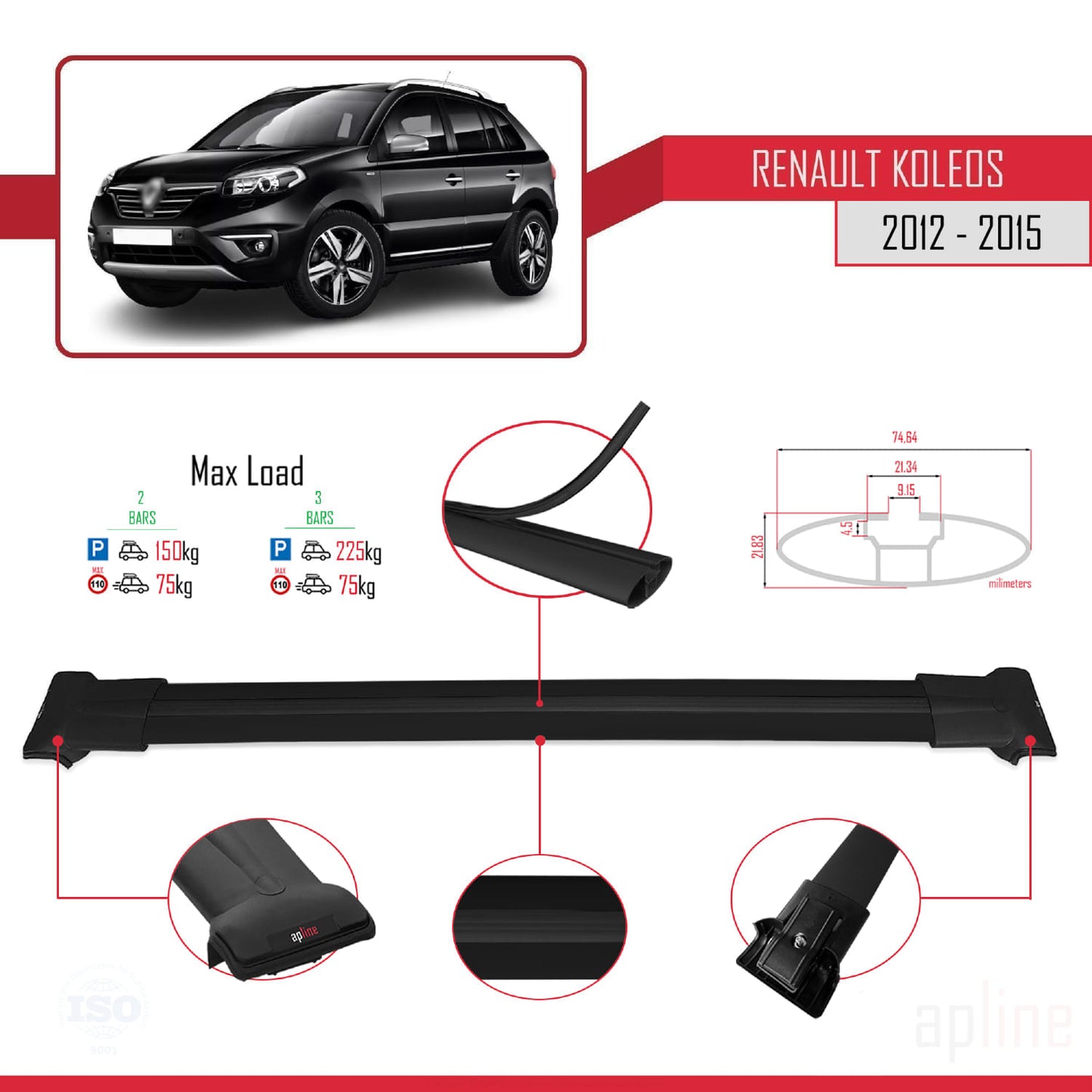 Compatible avec Renault Koleos (HY) Post-Facelift 2012-2015 FLY Model Barres de Toit Railing Porte-Bagages de Voiture Noir Aluminium 2 Barres