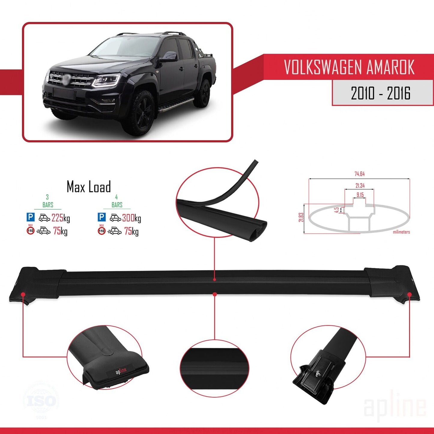 Compatible avec Volkswagen Amarok (2F) Pre-Facelift 2010-2016 FLY Model Barres de Toit Railing Porte-Bagages de Voiture Noir Aluminium 3 Barres