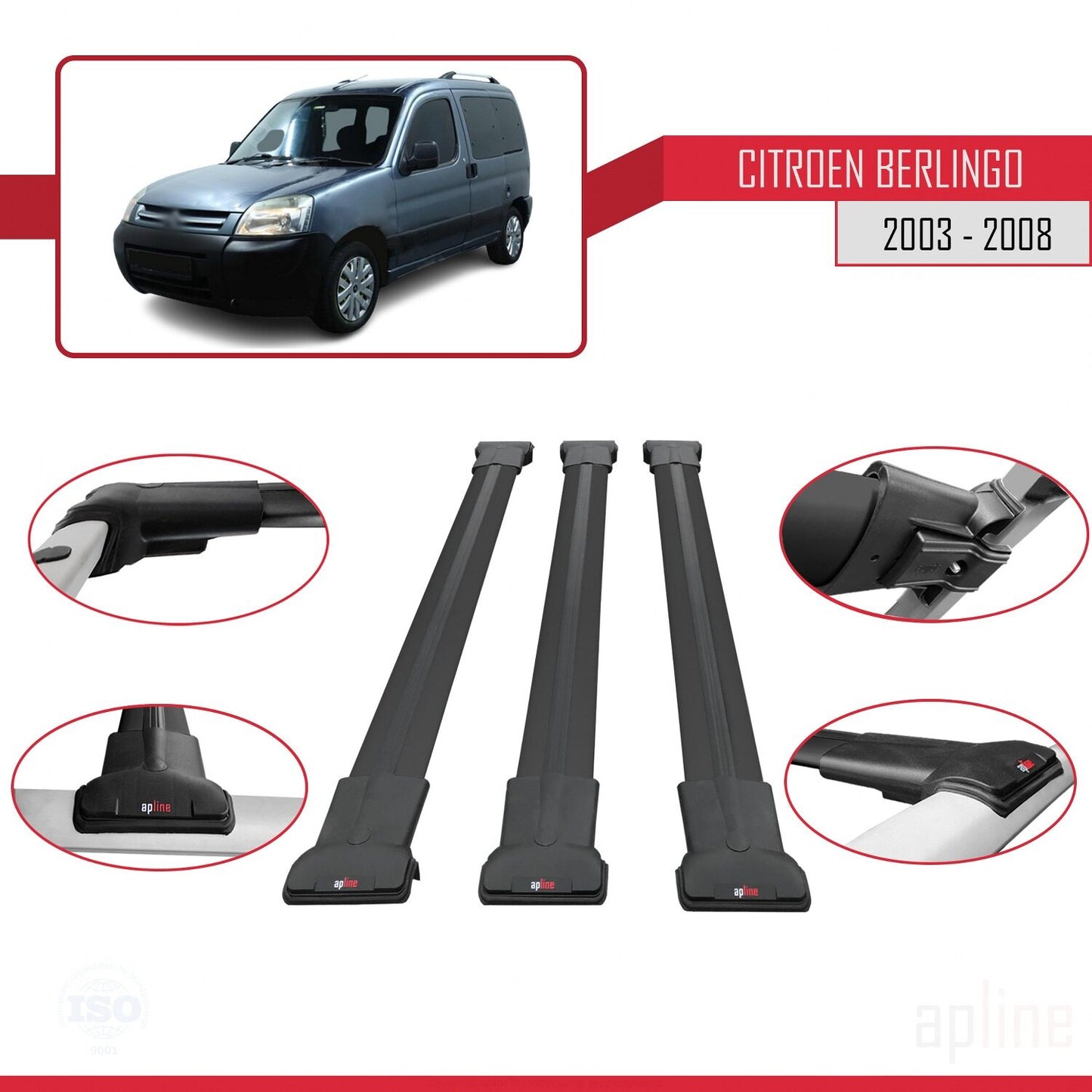 Compatible avec Citroen Berlingo (M59) 2003-2008 FLY Model Barres de Toit Railing Porte-Bagages de Voiture Noir Aluminium 3 Barres