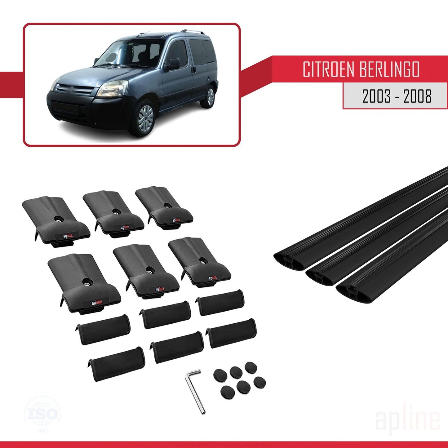 Compatible avec Citroen Berlingo (M59) 2003-2008 FLY Model Barres de Toit Railing Porte-Bagages de Voiture Noir Aluminium 3 Barres