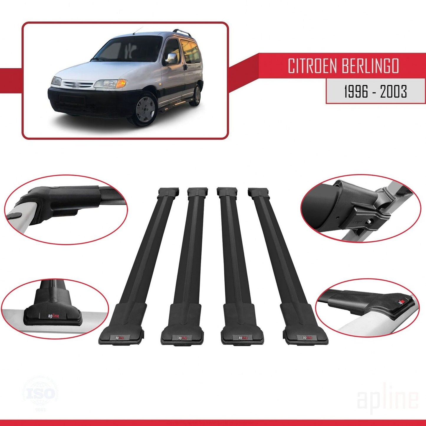 Compatible avec Citroen Berlingo (M49) 1996-2003 FLY Model Barres de Toit Railing Porte-Bagages de Voiture Noir Aluminium 4 Barres