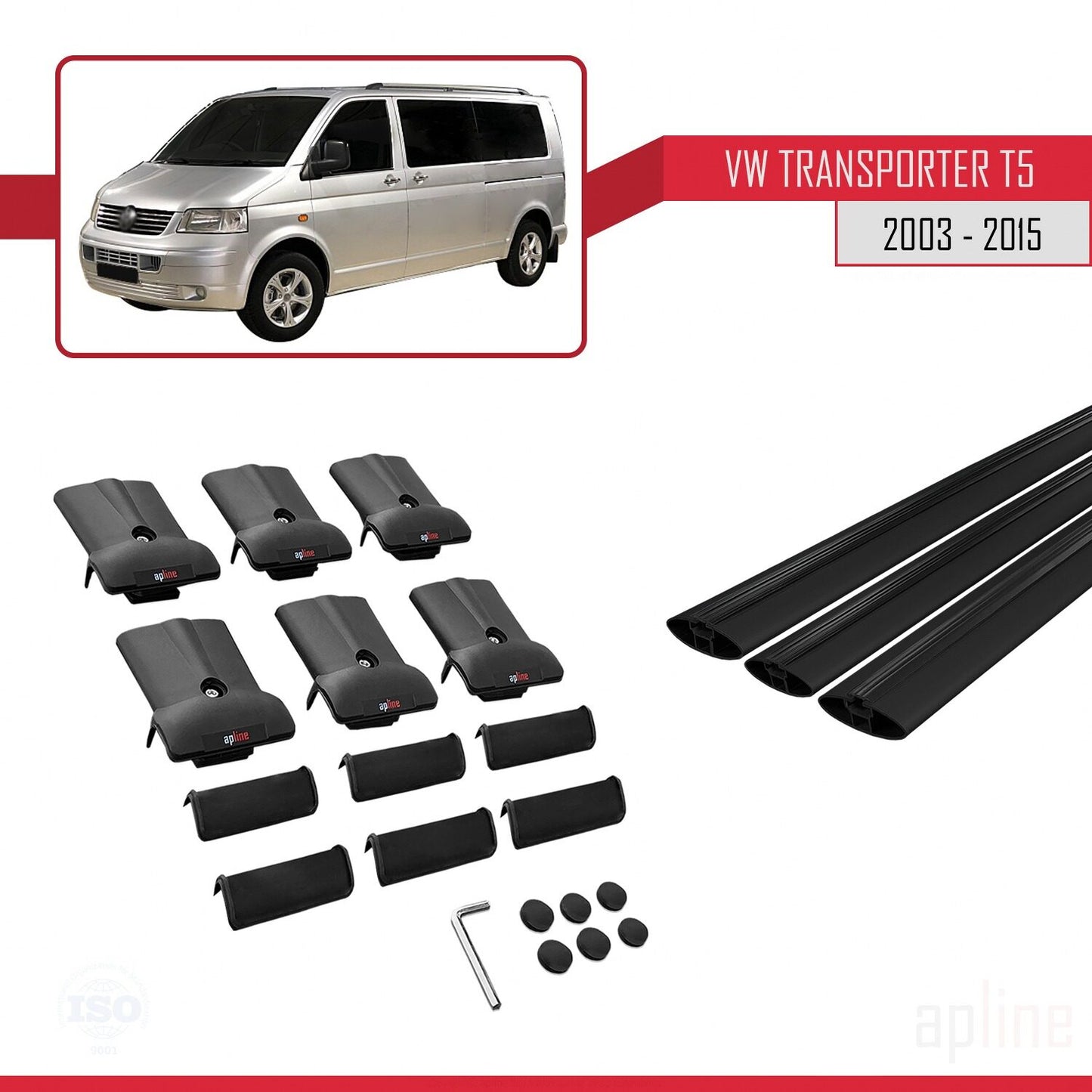 Compatible avec Volkswagen T5 Transporter 2003-2015 FLY Model Barres de Toit Railing Porte-Bagages de Voiture Noir Aluminium 3 Barres
