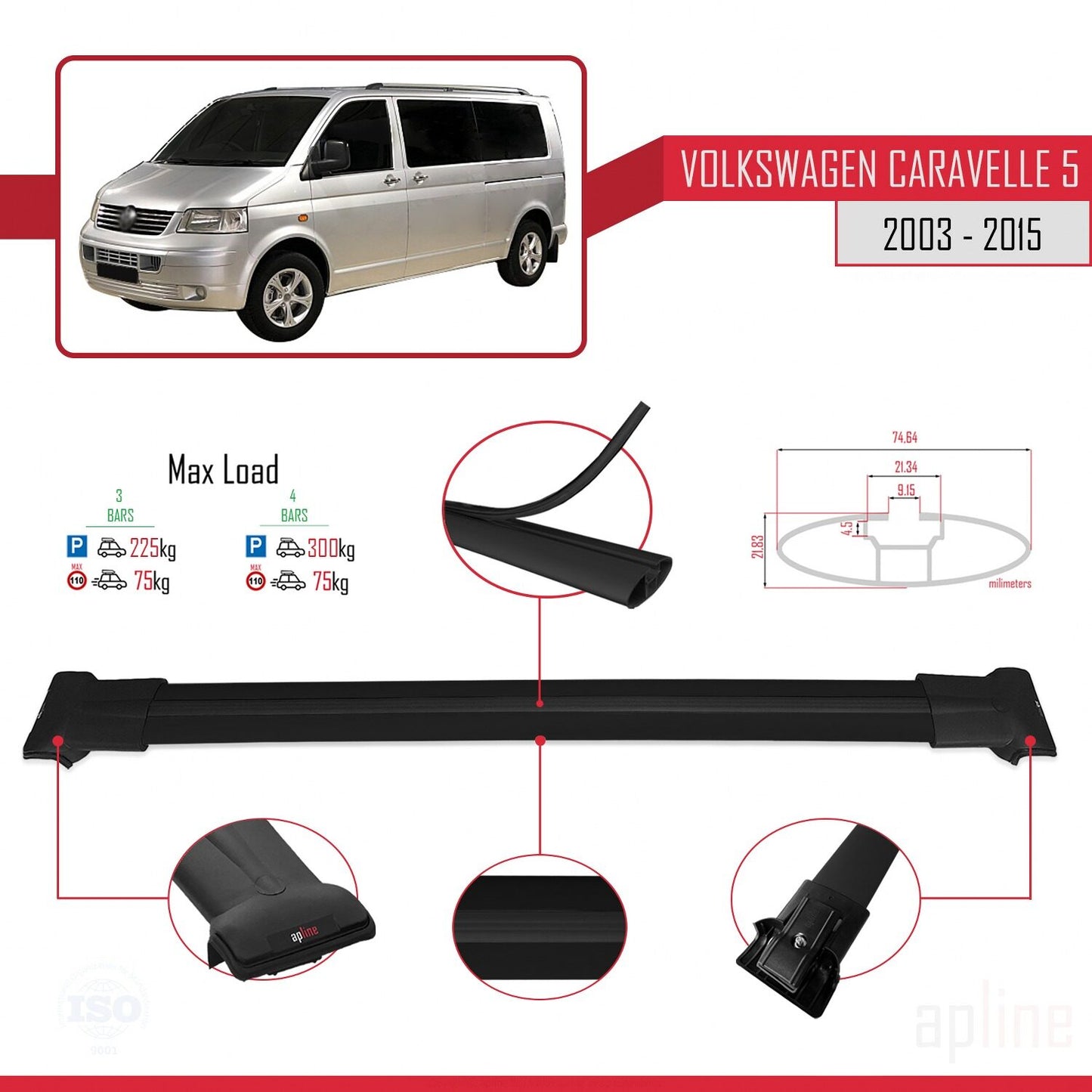 Compatible avec Volkswagen T5 Caravelle 2003-2015 FLY Model Barres de Toit Railing Porte-Bagages de Voiture Noir Aluminium 3 Barres