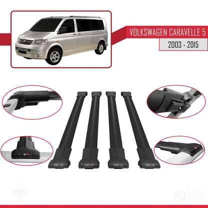 Compatible avec Volkswagen T5 Caravelle 2003-2015 FLY Model Barres de Toit Railing Porte-Bagages de Voiture Noir Aluminium 4 Barres