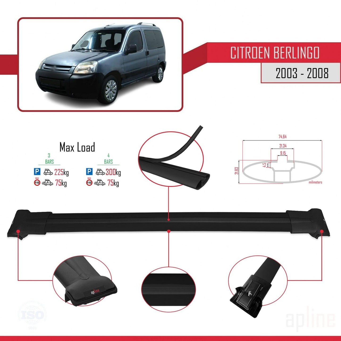 Compatible avec Citroen Berlingo (M59) 2003-2008 FLY Model Barres de Toit Railing Porte-Bagages de Voiture Noir Aluminium 4 Barres