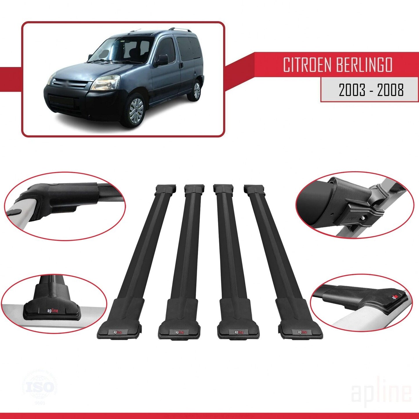 Compatible avec Citroen Berlingo (M59) 2003-2008 FLY Model Barres de Toit Railing Porte-Bagages de Voiture Noir Aluminium 4 Barres