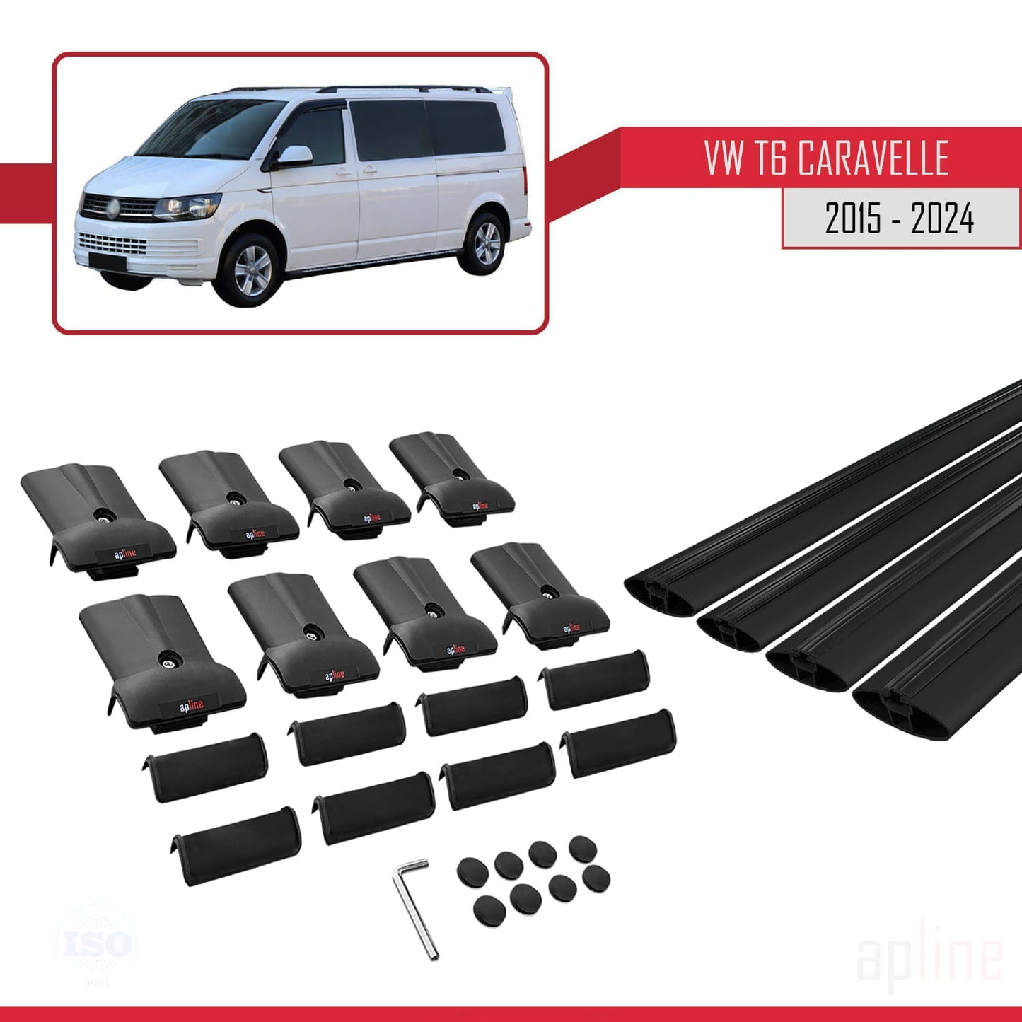 Compatible avec Volkswagen T6 Caravelle 2015-2024 FLY Model Barres de Toit Railing Porte-Bagages de Voiture Noir Aluminium 4 Barres