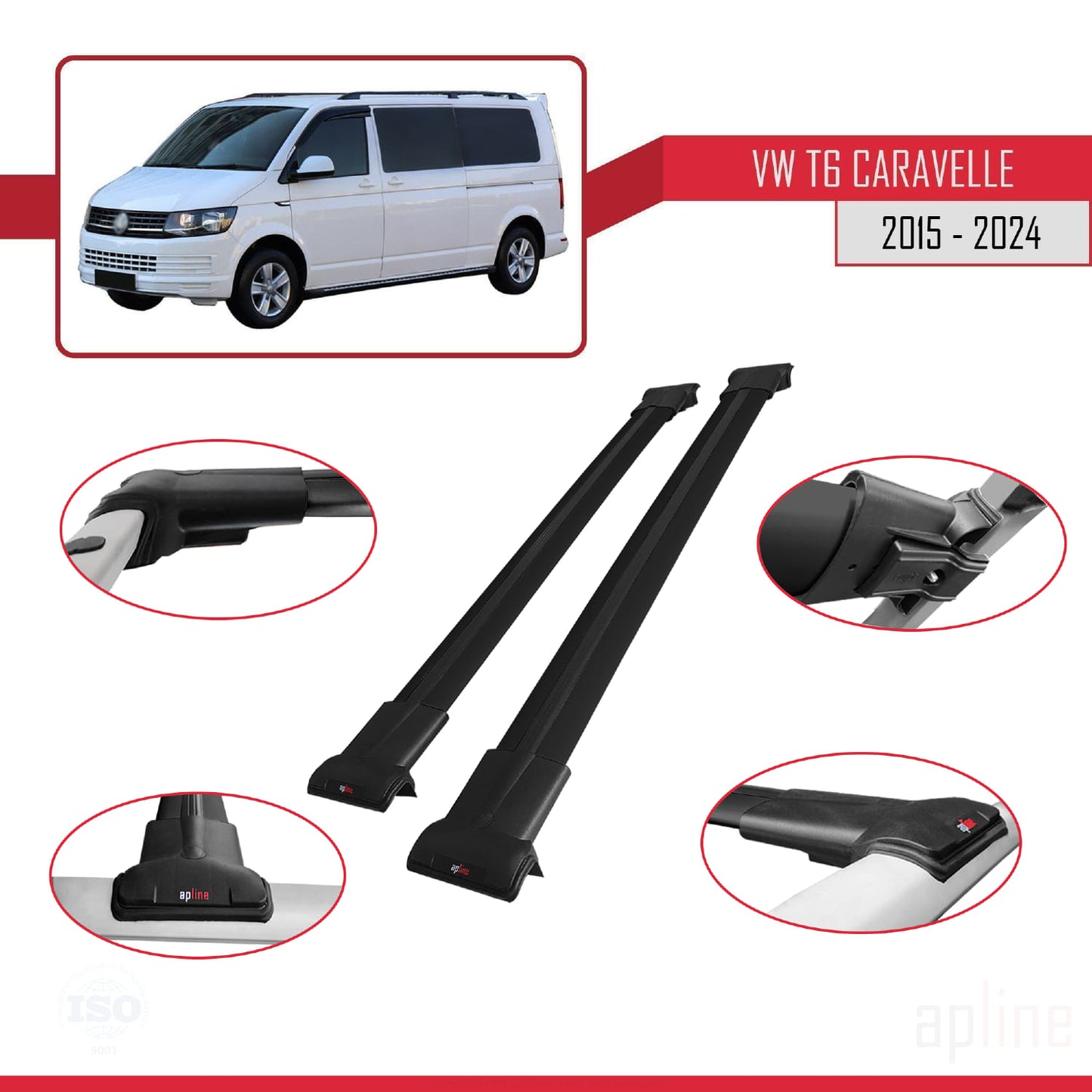 Compatible avec Volkswagen T6 Caravelle 2015-2024 FLY Model Barres de Toit Railing Porte-Bagages de Voiture Noir Aluminium 2 Barres