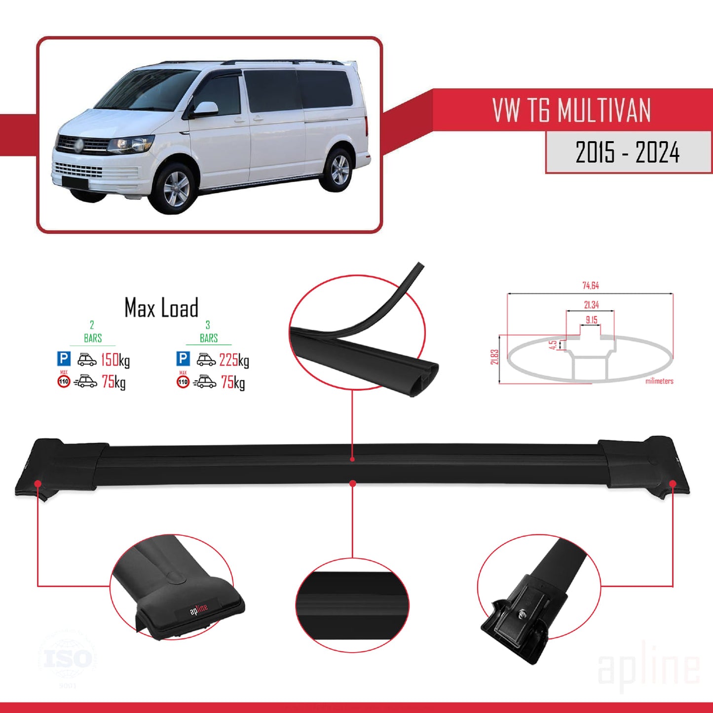 Compatible avec Volkswagen T6 Multivan 2015-2024 FLY Model Barres de Toit Railing Porte-Bagages de Voiture Noir Aluminium 2 Barres