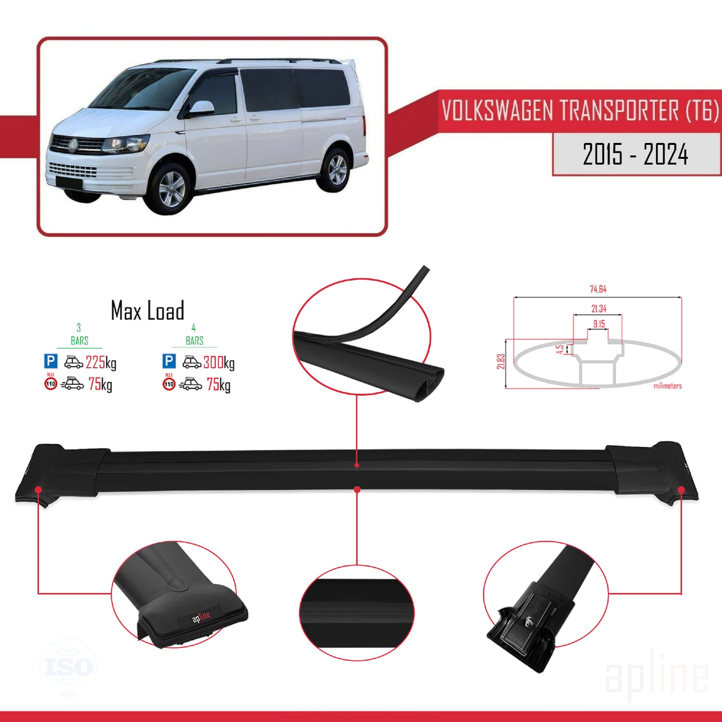 Compatible avec Volkswagen T6 Transporter 2015-2024 FLY Model Barres de Toit Railing Porte-Bagages de Voiture Noir Aluminium 3 Barres