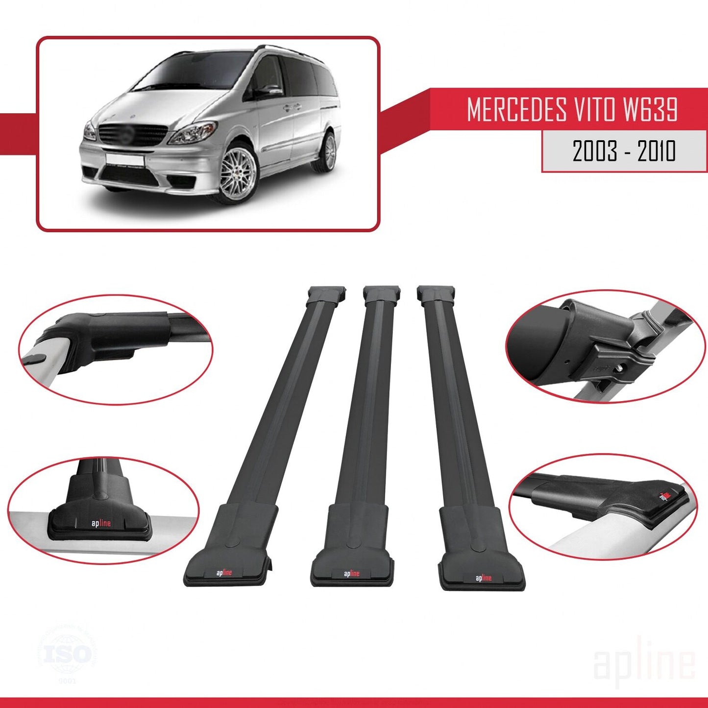 Compatible avec Mercedes Vito 2 (W639) Pre-Facelift 2003-2010 FLY Model Barres de Toit Railing Porte-Bagages de Voiture Noir Aluminium 3 Barres