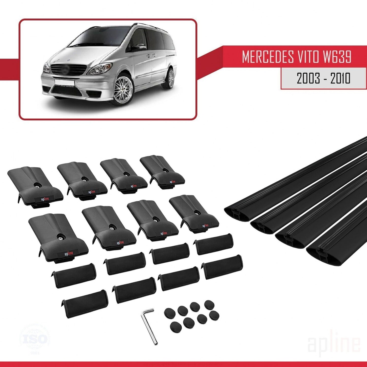 Compatible avec Mercedes Vito 2 (W639) Pre-Facelift 2003-2010 FLY Model Barres de Toit Railing Porte-Bagages de Voiture Noir Aluminium 4 Barres