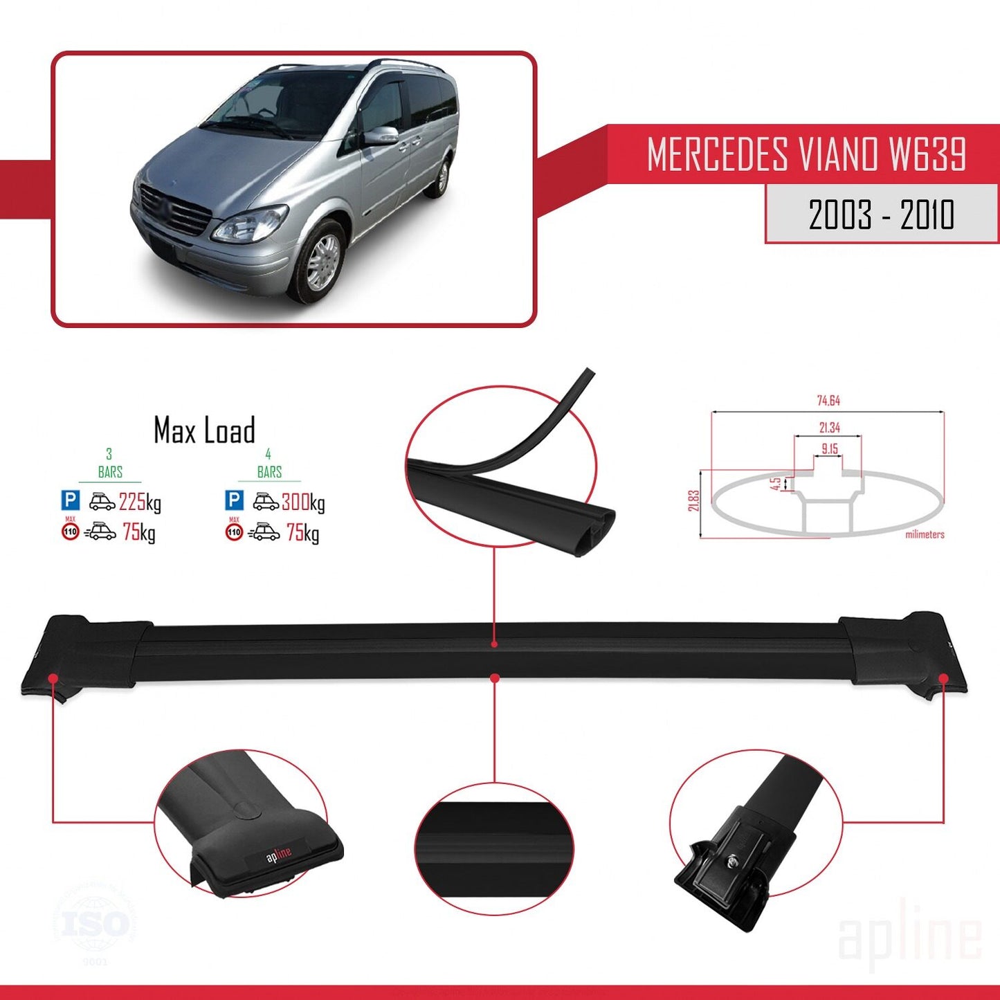 Compatible avec Mercedes Viano 2 (W639) Pre-Facelift 2003-2010 FLY Model Barres de Toit Railing Porte-Bagages de Voiture Noir Aluminium 3 Barres
