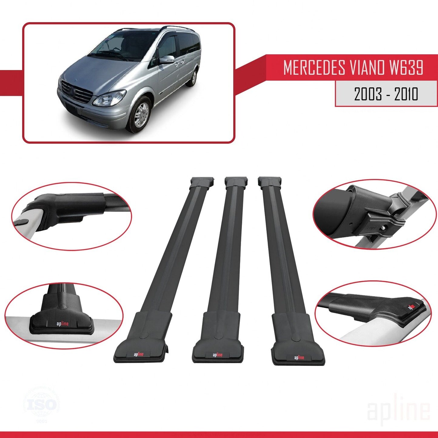 Compatible avec Mercedes Viano 2 (W639) Pre-Facelift 2003-2010 FLY Model Barres de Toit Railing Porte-Bagages de Voiture Noir Aluminium 3 Barres