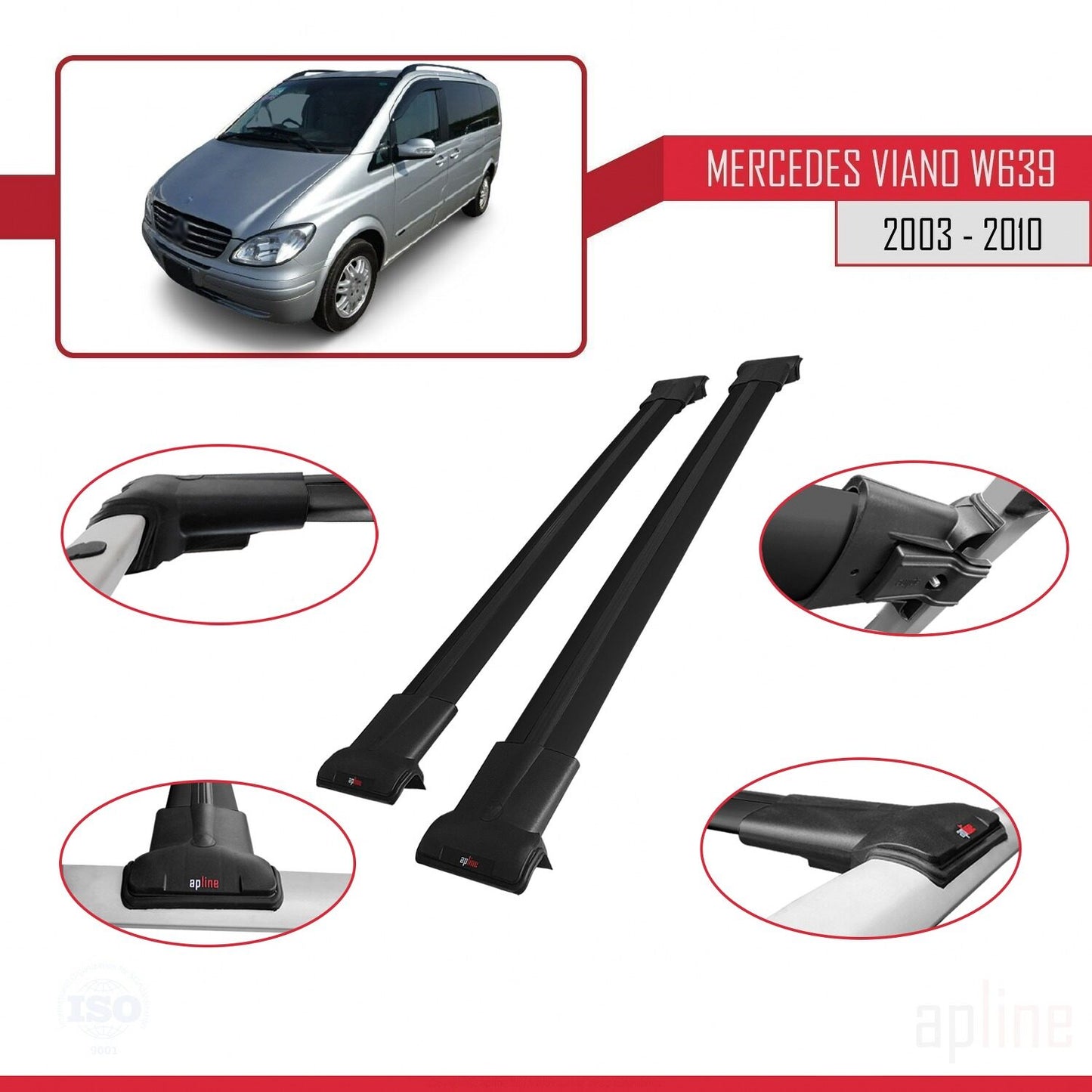 Compatible avec Mercedes Viano 2 (W639) Post-Facelift 2010-2014 FLY Model Barres de Toit Railing Porte-Bagages de Voiture Noir Aluminium 2 Barres