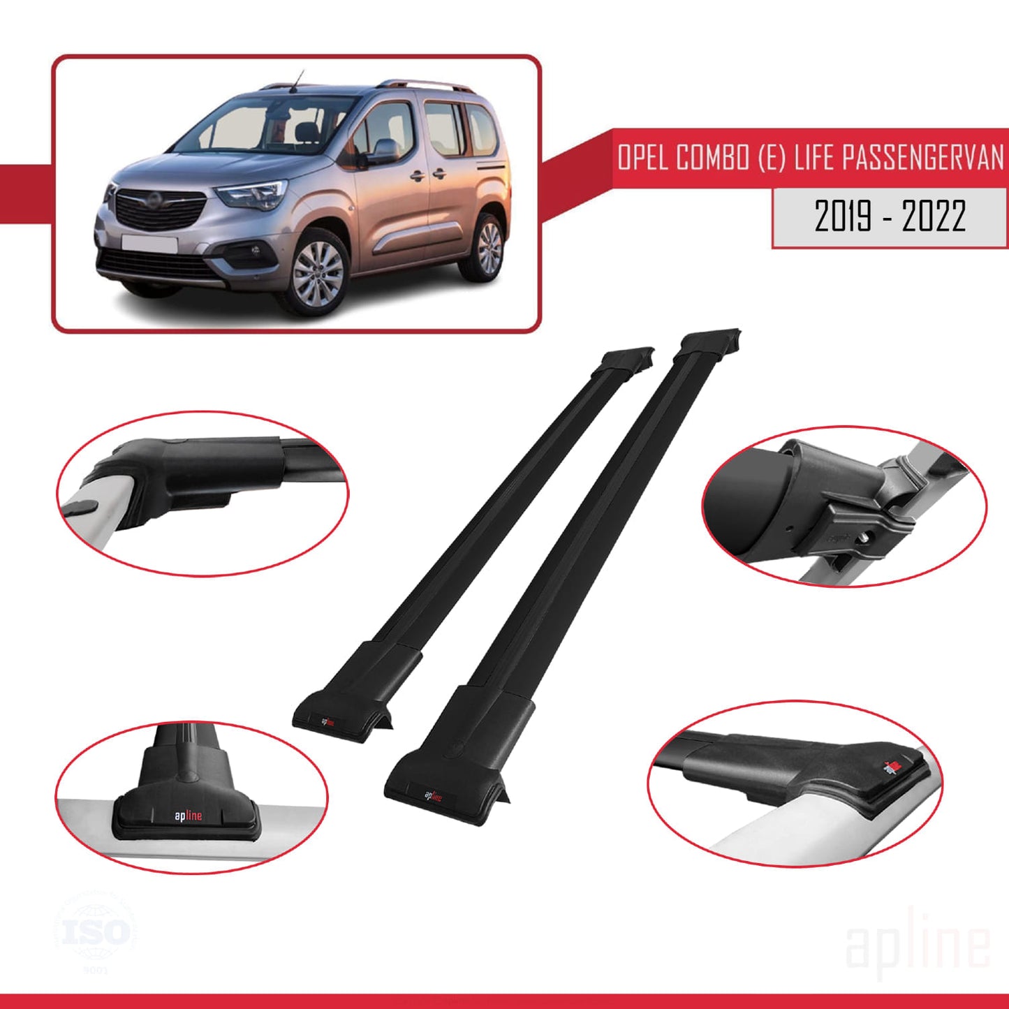 Compatible avec Opel Combo E Cargo 2019-2022 FLY Model Barres de Toit Railing Porte-Bagages de Voiture Noir Aluminium 2 Barres
